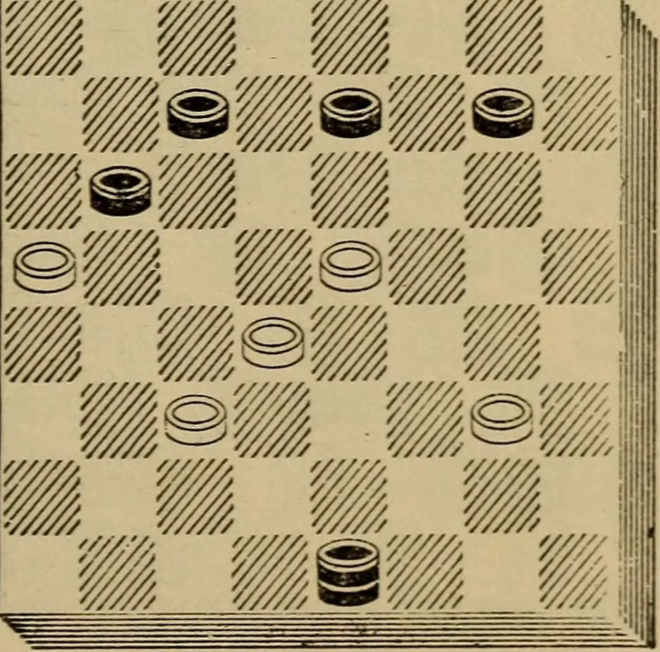 An illustration from Draughts : Gould's problems, critical positions and games by all the greatest players and composers of the world, the whole interspersed with notes on the positions / by Joseph Gould, 1895, leaf 112