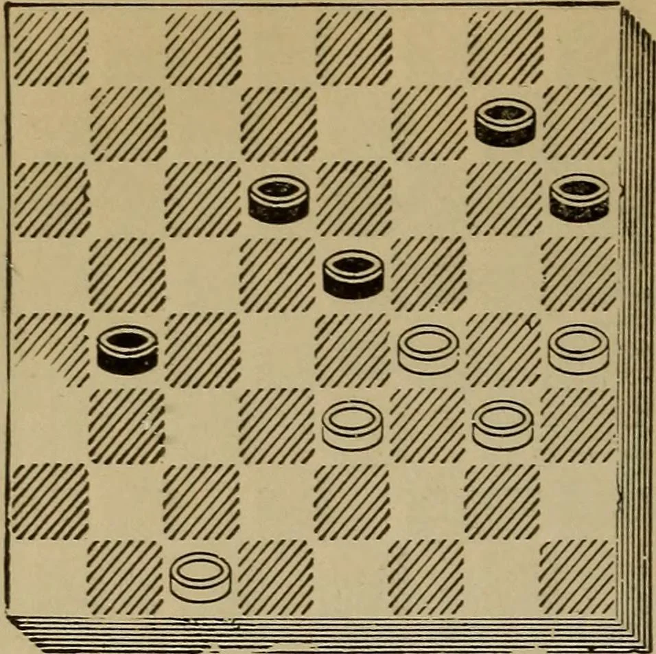 An illustration from Draughts : Gould's problems, critical positions and games by all the greatest players and composers of the world, the whole interspersed with notes on the positions / by Joseph Gould, 1895, leaf 113