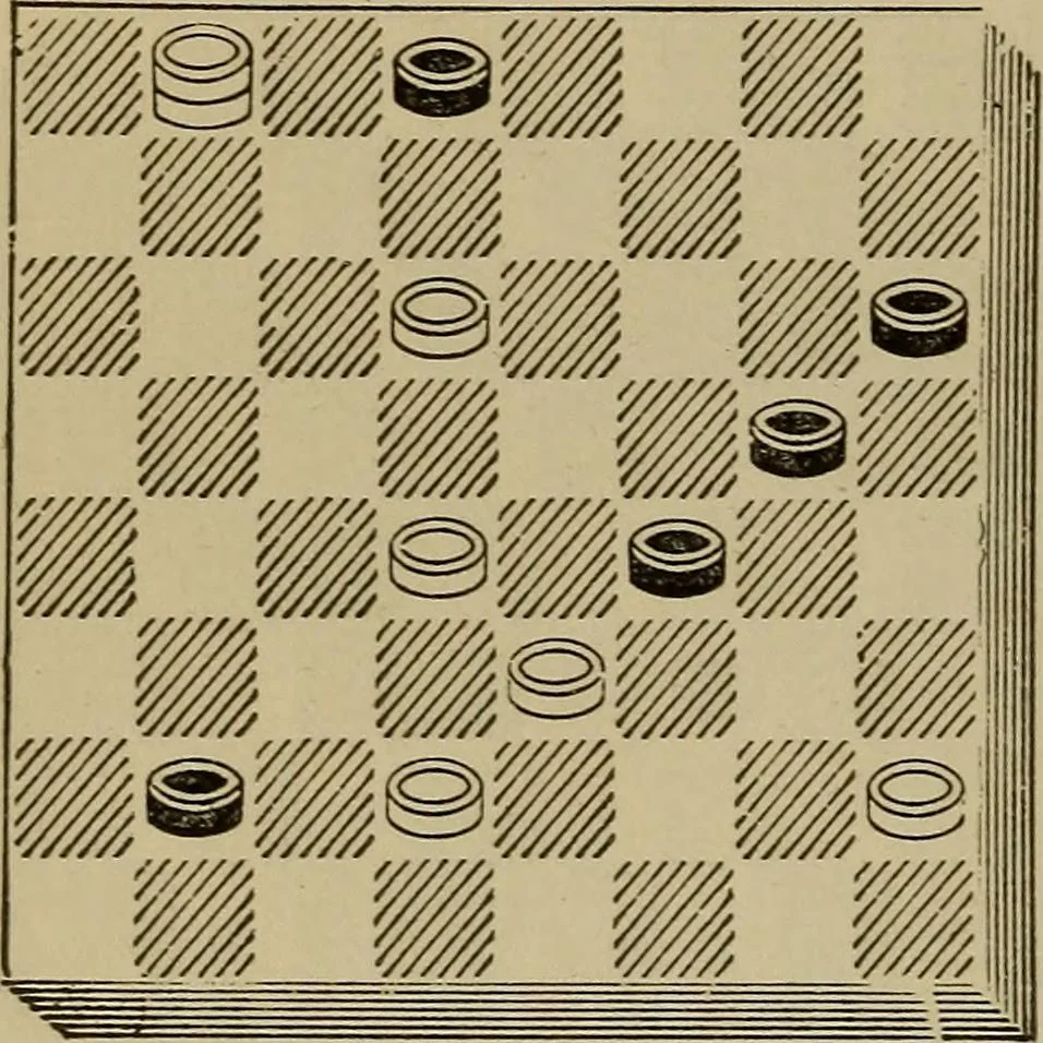 An illustration from Draughts : Gould's problems, critical positions and games by all the greatest players and composers of the world, the whole interspersed with notes on the positions / by Joseph Gould, 1895, leaf 113