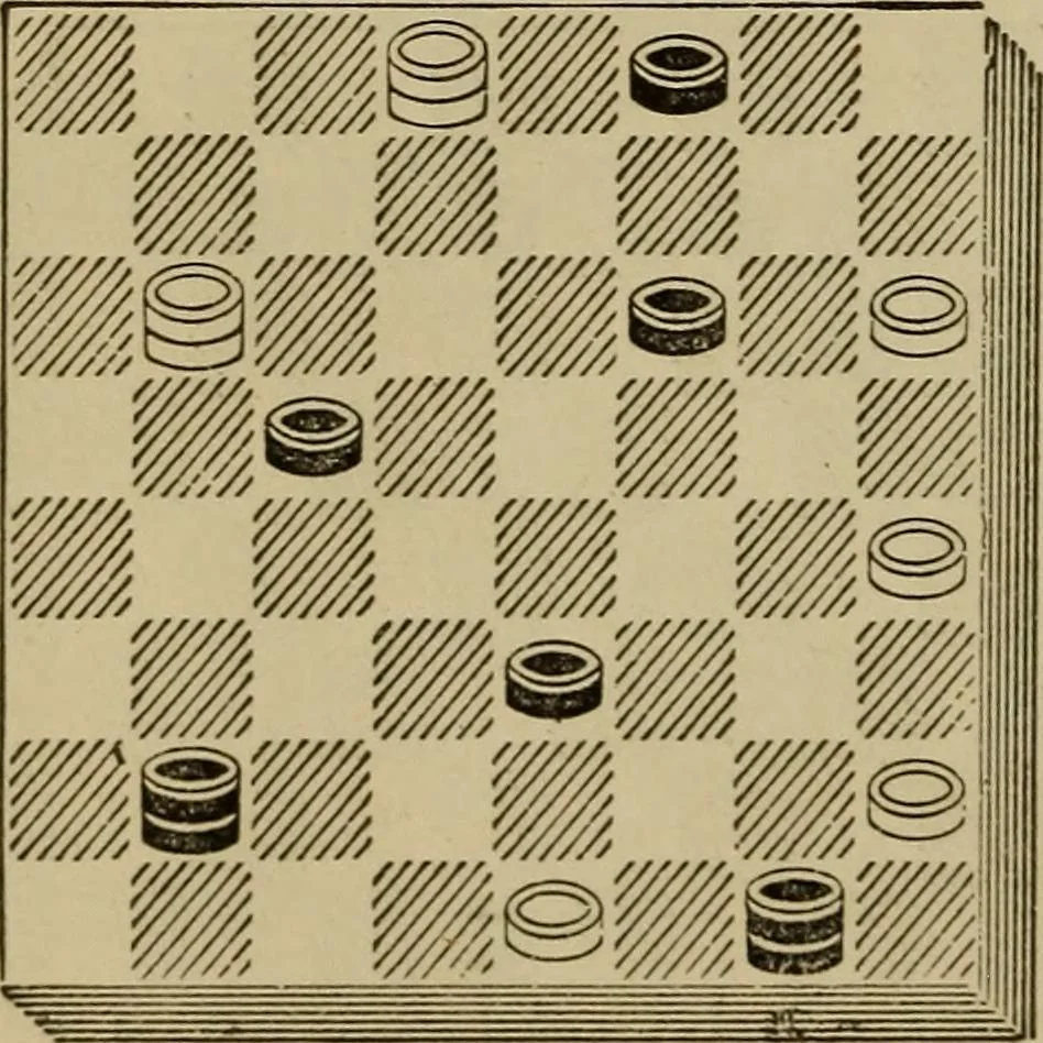 An illustration from Draughts : Gould's problems, critical positions and games by all the greatest players and composers of the world, the whole interspersed with notes on the positions / by Joseph Gould, 1895, leaf 113
