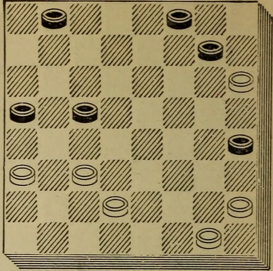 An illustration from Draughts : Gould's problems, critical positions and games by all the greatest players and composers of the world, the whole interspersed with notes on the positions / by Joseph Gould, 1895, leaf 113