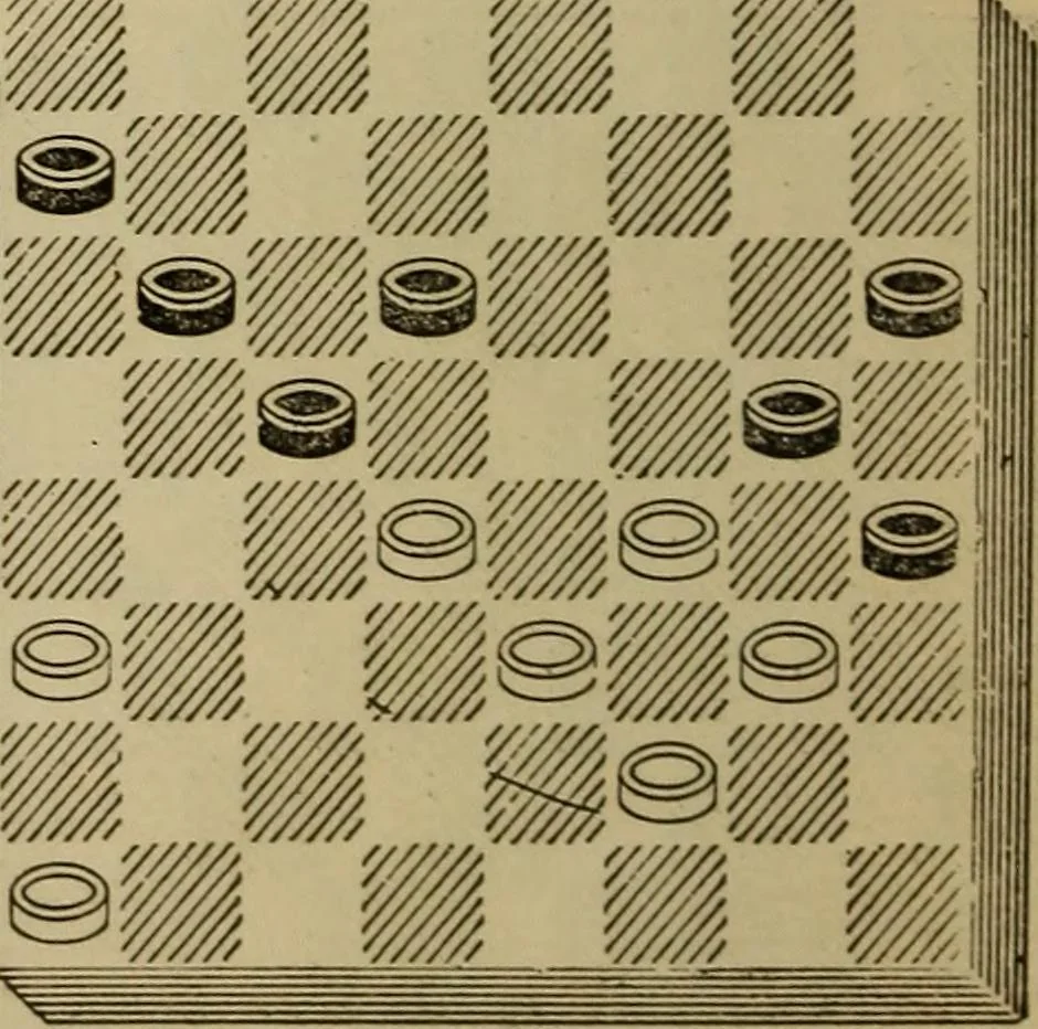 An illustration from Draughts : Gould's problems, critical positions and games by all the greatest players and composers of the world, the whole interspersed with notes on the positions / by Joseph Gould, 1895, leaf 113