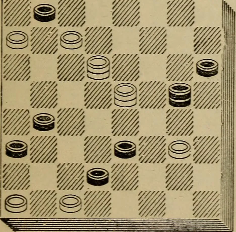 An illustration from Draughts : Gould's problems, critical positions and games by all the greatest players and composers of the world, the whole interspersed with notes on the positions / by Joseph Gould, 1895, leaf 114
