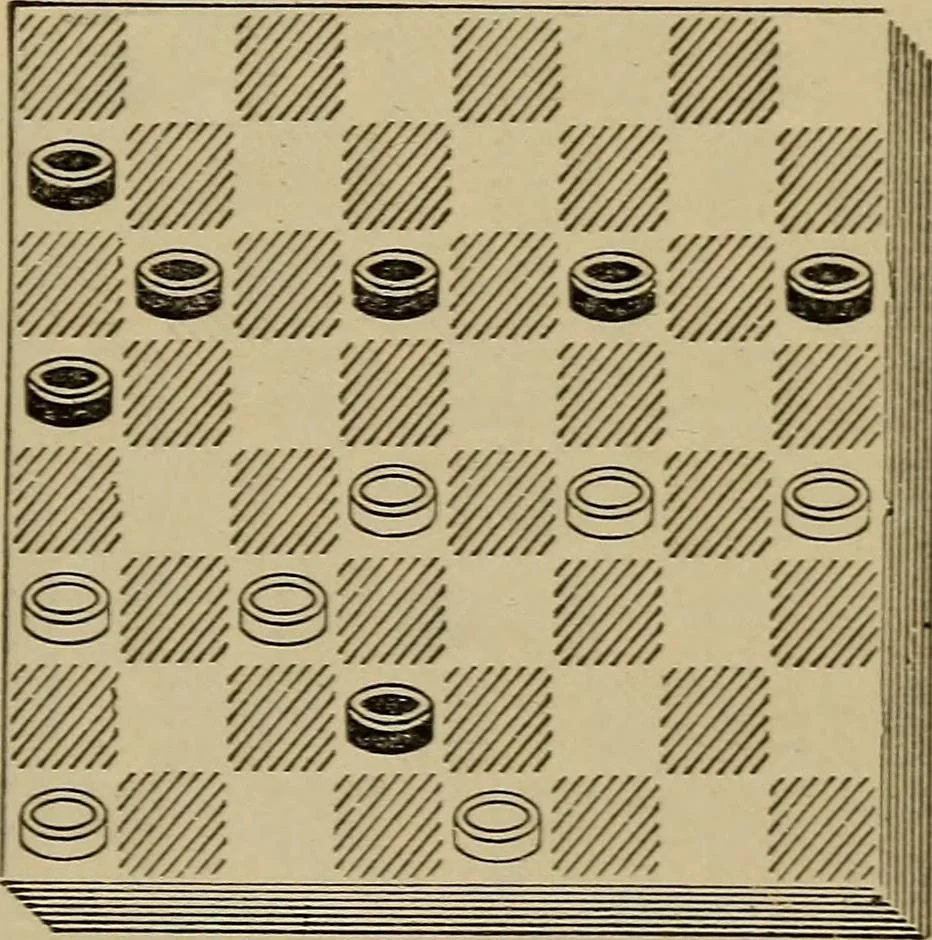An illustration from Draughts : Gould's problems, critical positions and games by all the greatest players and composers of the world, the whole interspersed with notes on the positions / by Joseph Gould, 1895, leaf 114