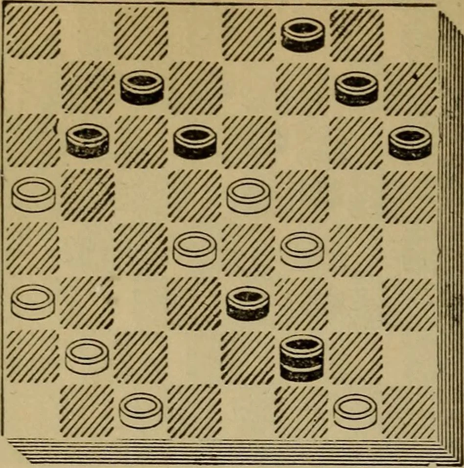 An illustration from Draughts : Gould's problems, critical positions and games by all the greatest players and composers of the world, the whole interspersed with notes on the positions / by Joseph Gould, 1895, leaf 115