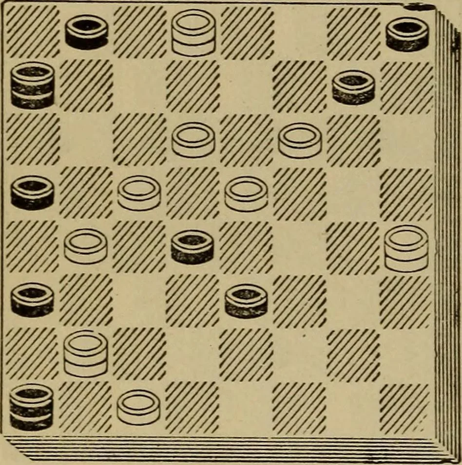 An illustration from Draughts : Gould's problems, critical positions and games by all the greatest players and composers of the world, the whole interspersed with notes on the positions / by Joseph Gould, 1895, leaf 115