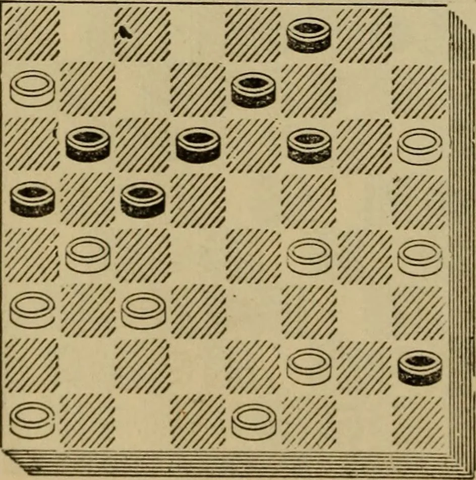 An illustration from Draughts : Gould's problems, critical positions and games by all the greatest players and composers of the world, the whole interspersed with notes on the positions / by Joseph Gould, 1895, leaf 115