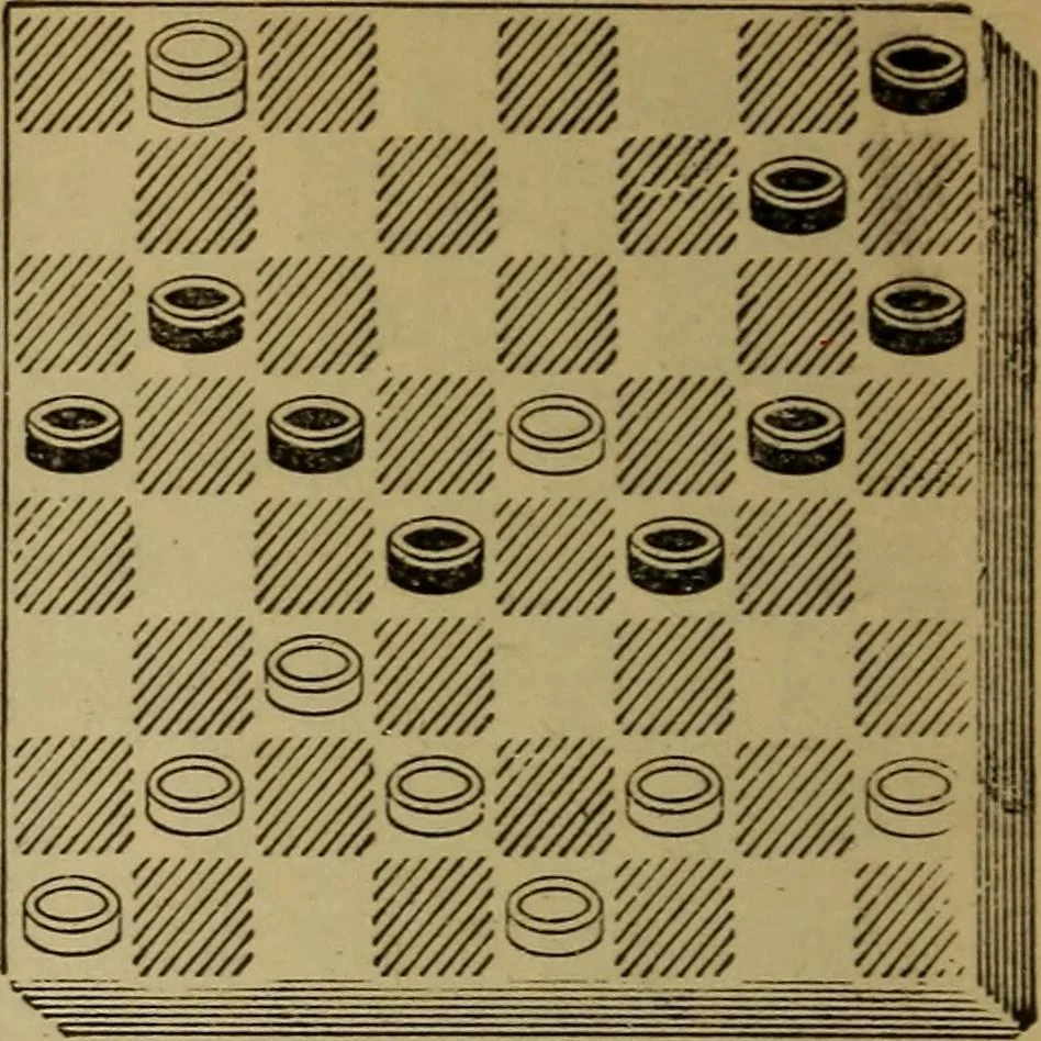 An illustration from Draughts : Gould's problems, critical positions and games by all the greatest players and composers of the world, the whole interspersed with notes on the positions / by Joseph Gould, 1895, leaf 115