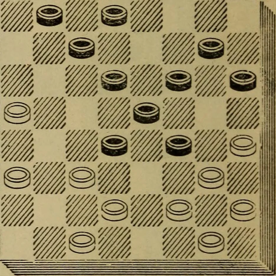 An illustration from Draughts : Gould's problems, critical positions and games by all the greatest players and composers of the world, the whole interspersed with notes on the positions / by Joseph Gould, 1895, leaf 115