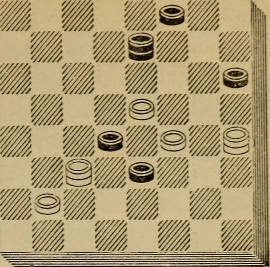 An illustration from Draughts : Gould's problems, critical positions and games by all the greatest players and composers of the world, the whole interspersed with notes on the positions / by Joseph Gould, 1895, leaf 116