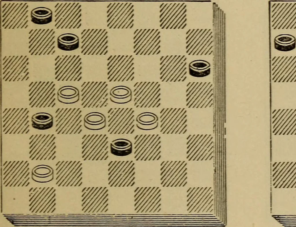An illustration from Draughts : Gould's problems, critical positions and games by all the greatest players and composers of the world, the whole interspersed with notes on the positions / by Joseph Gould, 1895, leaf 116