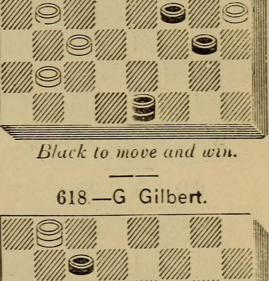 An illustration from Draughts : Gould's problems, critical positions and games by all the greatest players and composers of the world, the whole interspersed with notes on the positions / by Joseph Gould, 1895, leaf 116