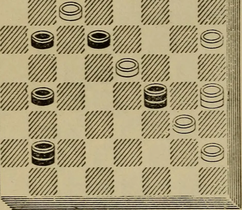 An illustration from Draughts : Gould's problems, critical positions and games by all the greatest players and composers of the world, the whole interspersed with notes on the positions / by Joseph Gould, 1895, leaf 117