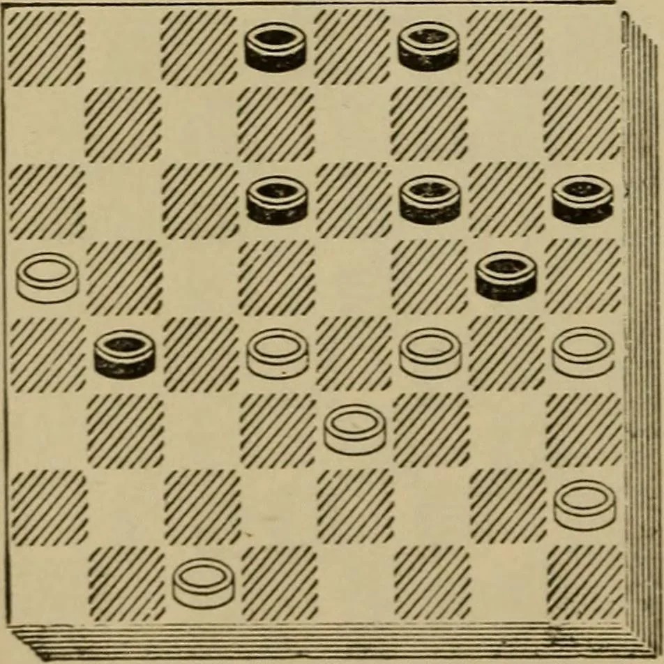 An illustration from Draughts : Gould's problems, critical positions and games by all the greatest players and composers of the world, the whole interspersed with notes on the positions / by Joseph Gould, 1895, leaf 117