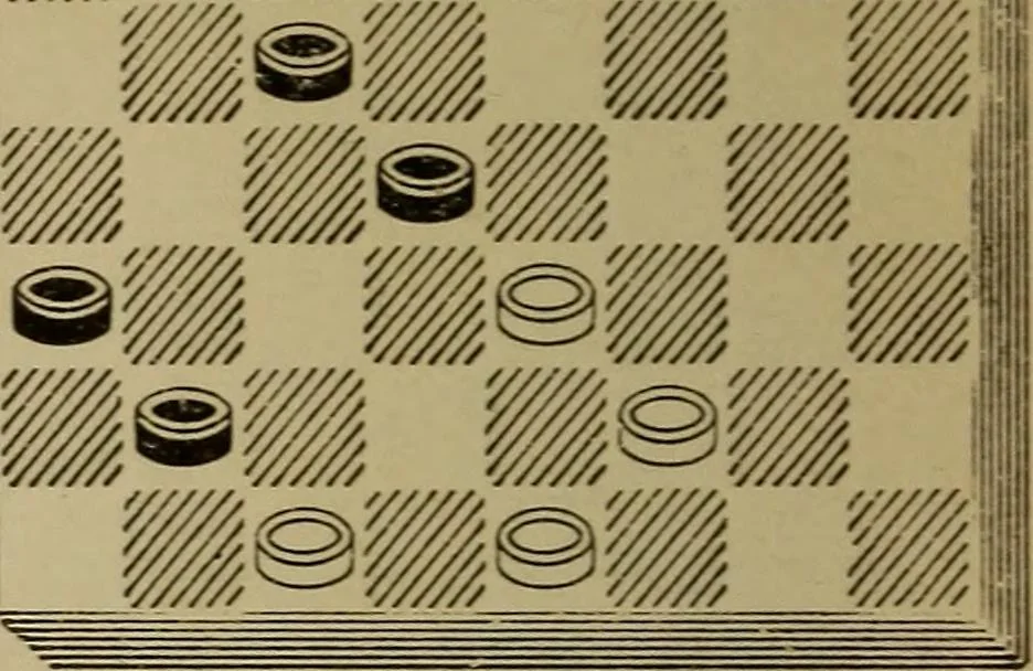 An illustration from Draughts : Gould's problems, critical positions and games by all the greatest players and composers of the world, the whole interspersed with notes on the positions / by Joseph Gould, 1895, leaf 117