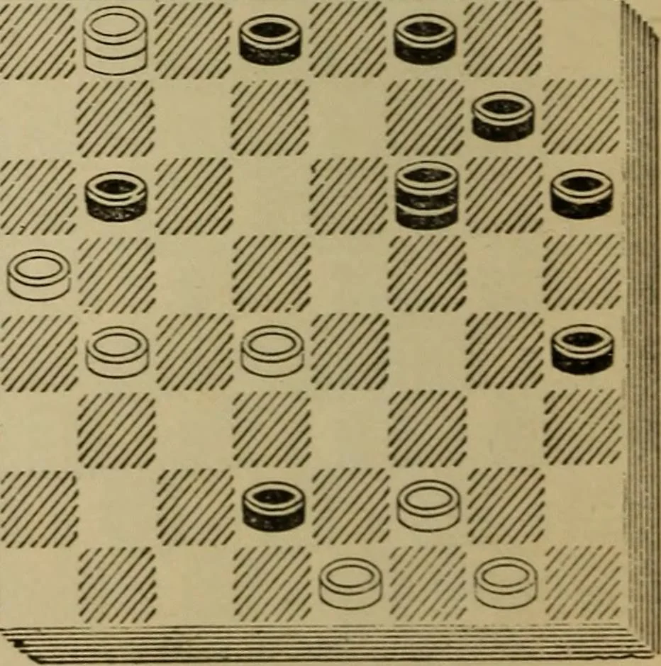 An illustration from Draughts : Gould's problems, critical positions and games by all the greatest players and composers of the world, the whole interspersed with notes on the positions / by Joseph Gould, 1895, leaf 117