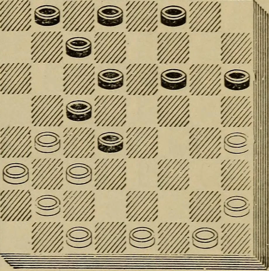 An illustration from Draughts : Gould's problems, critical positions and games by all the greatest players and composers of the world, the whole interspersed with notes on the positions / by Joseph Gould, 1895, leaf 118
