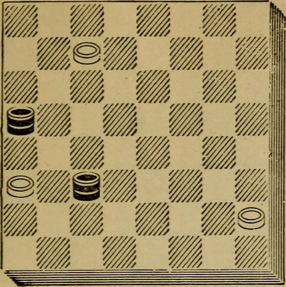 An illustration from Draughts : Gould's problems, critical positions and games by all the greatest players and composers of the world, the whole interspersed with notes on the positions / by Joseph Gould, 1895, leaf 120