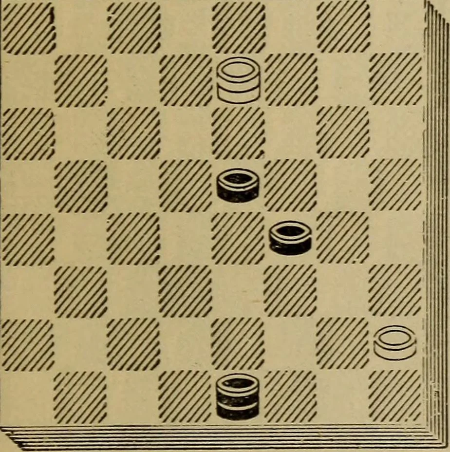 An illustration from Draughts : Gould's problems, critical positions and games by all the greatest players and composers of the world, the whole interspersed with notes on the positions / by Joseph Gould, 1895, leaf 120
