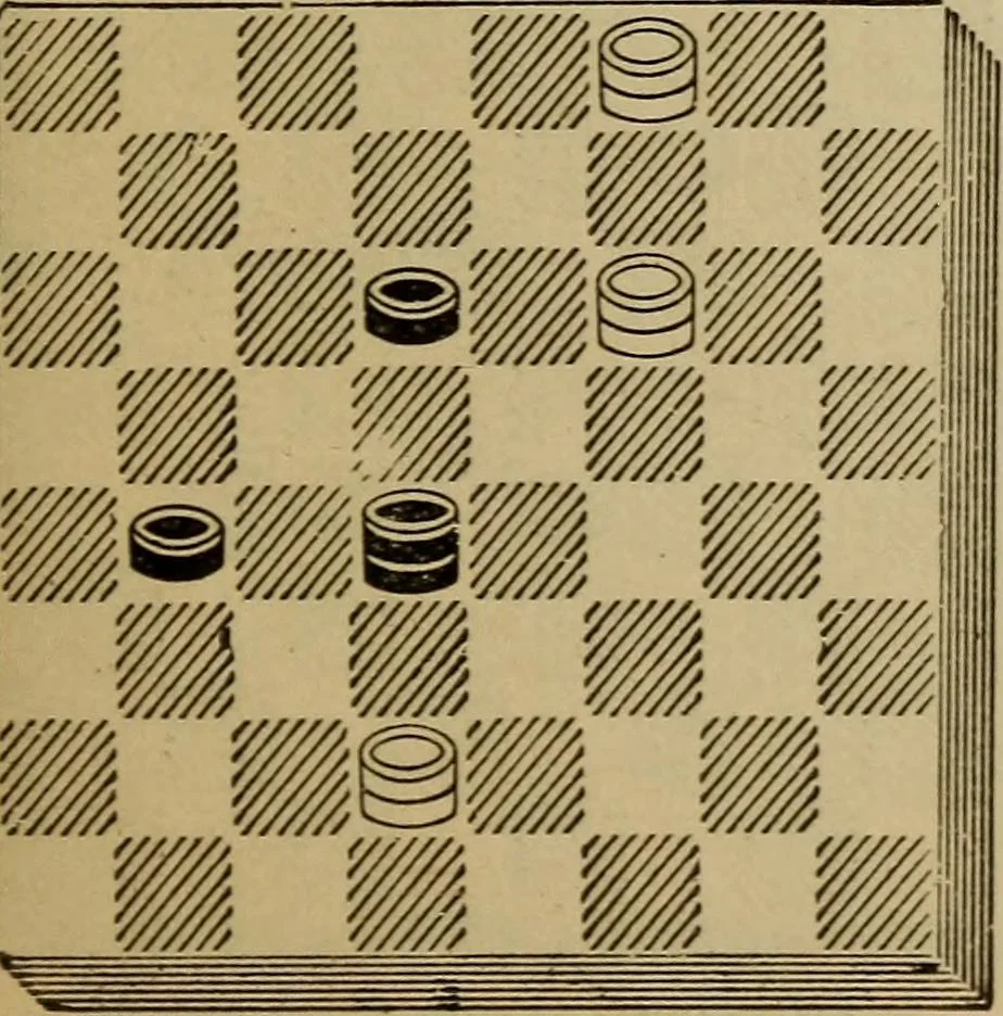 An illustration from Draughts : Gould's problems, critical positions and games by all the greatest players and composers of the world, the whole interspersed with notes on the positions / by Joseph Gould, 1895, leaf 120