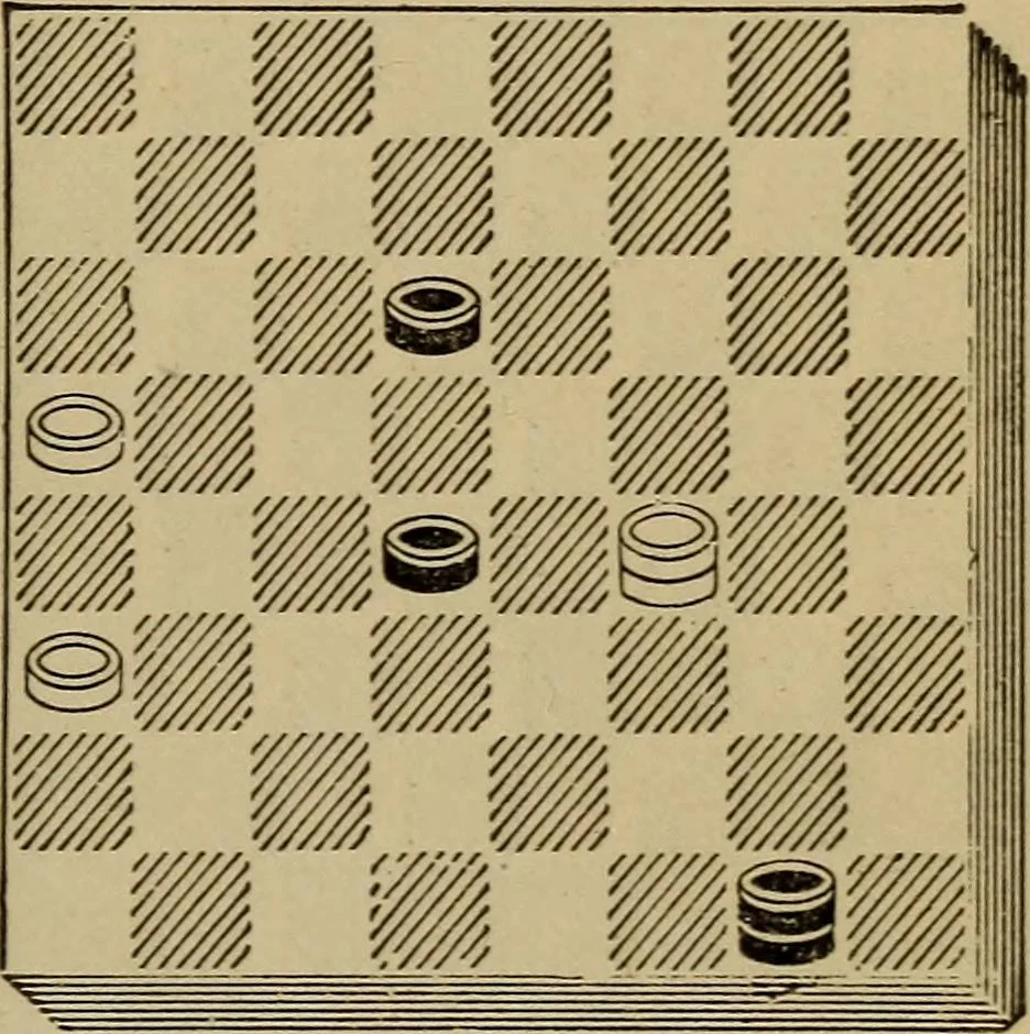 An illustration from Draughts : Gould's problems, critical positions and games by all the greatest players and composers of the world, the whole interspersed with notes on the positions / by Joseph Gould, 1895, leaf 120