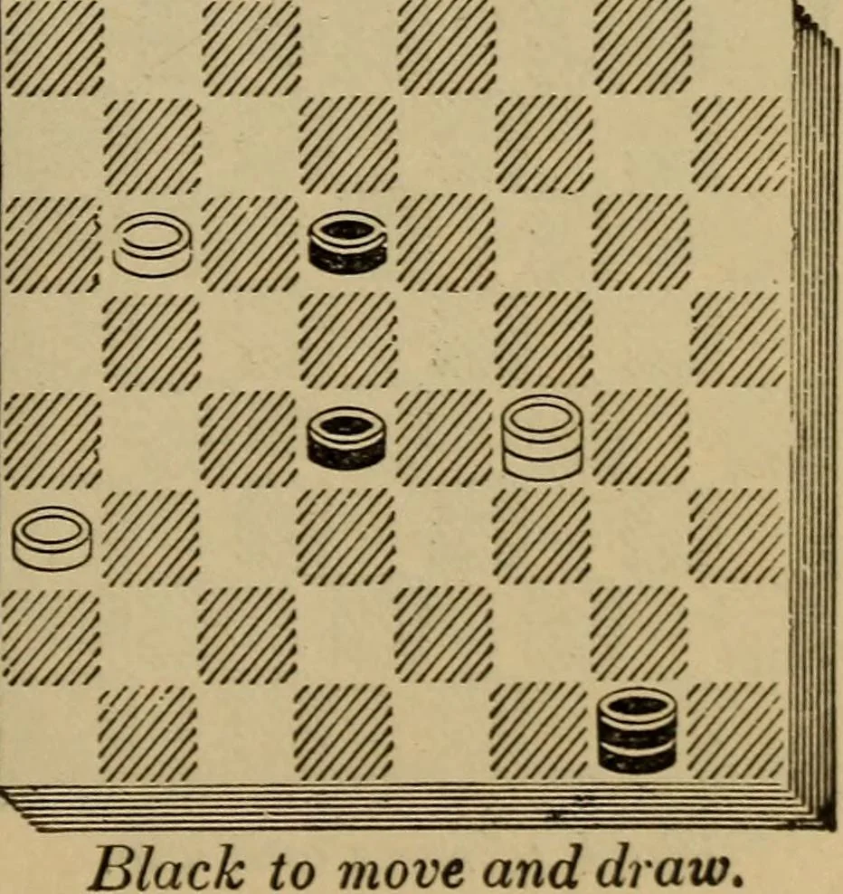 An illustration from Draughts : Gould's problems, critical positions and games by all the greatest players and composers of the world, the whole interspersed with notes on the positions / by Joseph Gould, 1895, leaf 120