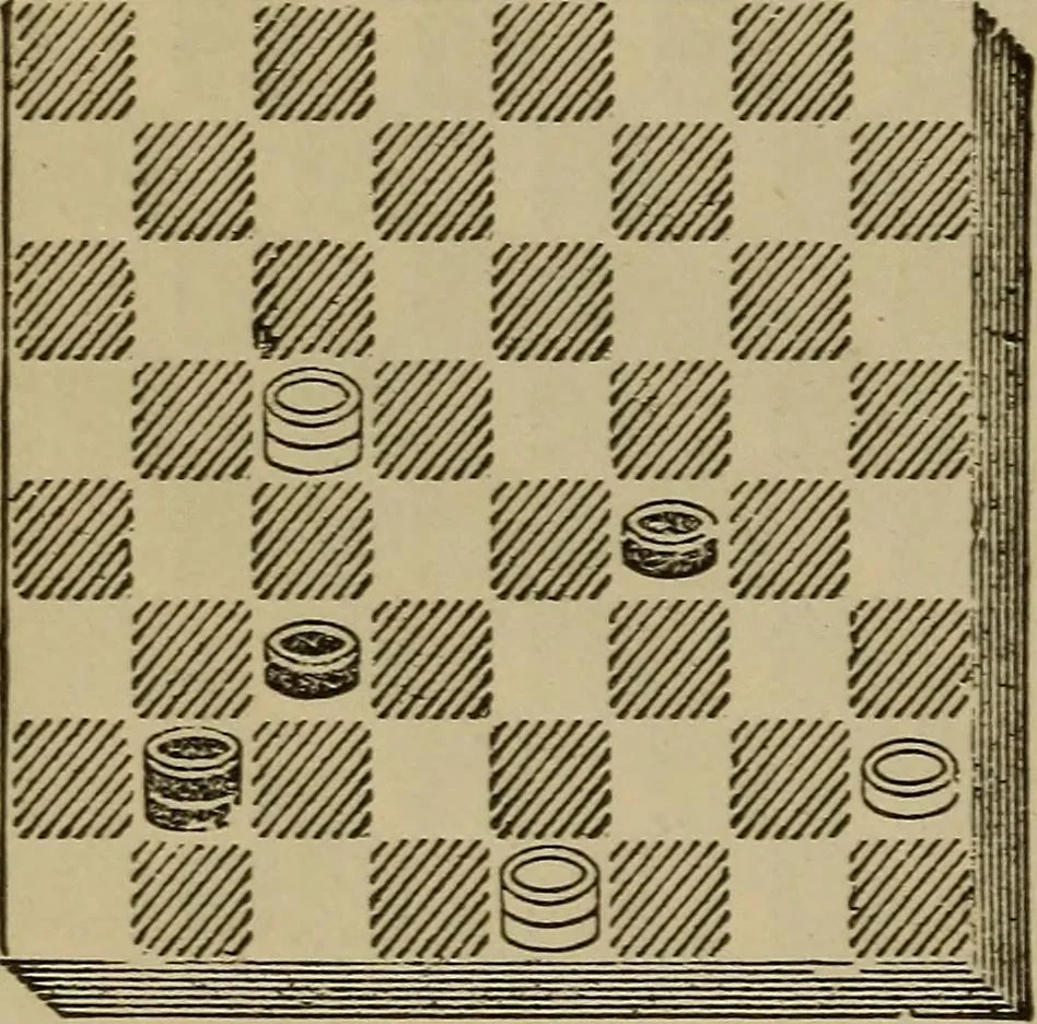 An illustration from Draughts : Gould's problems, critical positions and games by all the greatest players and composers of the world, the whole interspersed with notes on the positions / by Joseph Gould, 1895, leaf 121