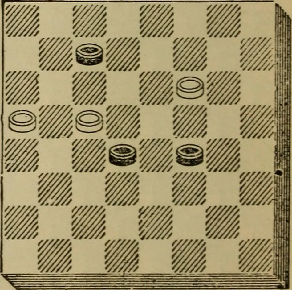 An illustration from Draughts : Gould's problems, critical positions and games by all the greatest players and composers of the world, the whole interspersed with notes on the positions / by Joseph Gould, 1895, leaf 121