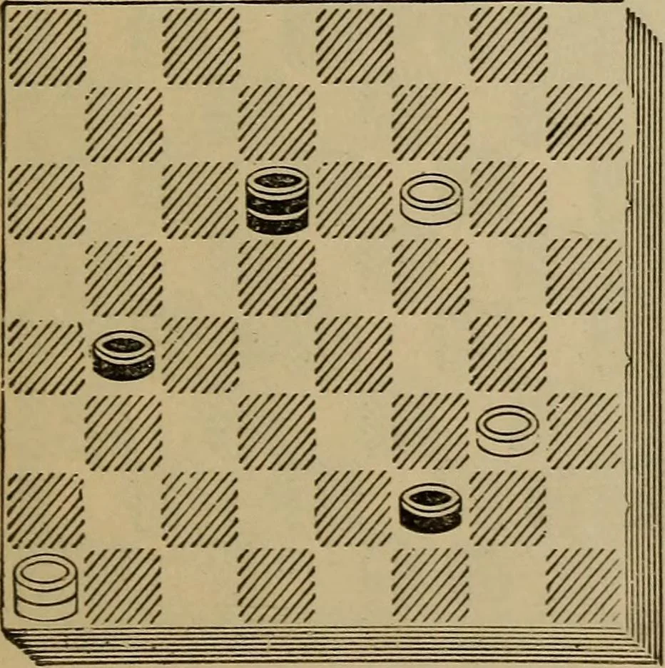 An illustration from Draughts : Gould's problems, critical positions and games by all the greatest players and composers of the world, the whole interspersed with notes on the positions / by Joseph Gould, 1895, leaf 122