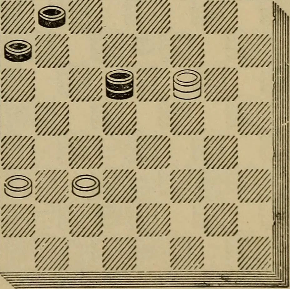 An illustration from Draughts : Gould's problems, critical positions and games by all the greatest players and composers of the world, the whole interspersed with notes on the positions / by Joseph Gould, 1895, leaf 122