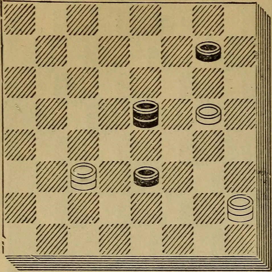 An illustration from Draughts : Gould's problems, critical positions and games by all the greatest players and composers of the world, the whole interspersed with notes on the positions / by Joseph Gould, 1895, leaf 123