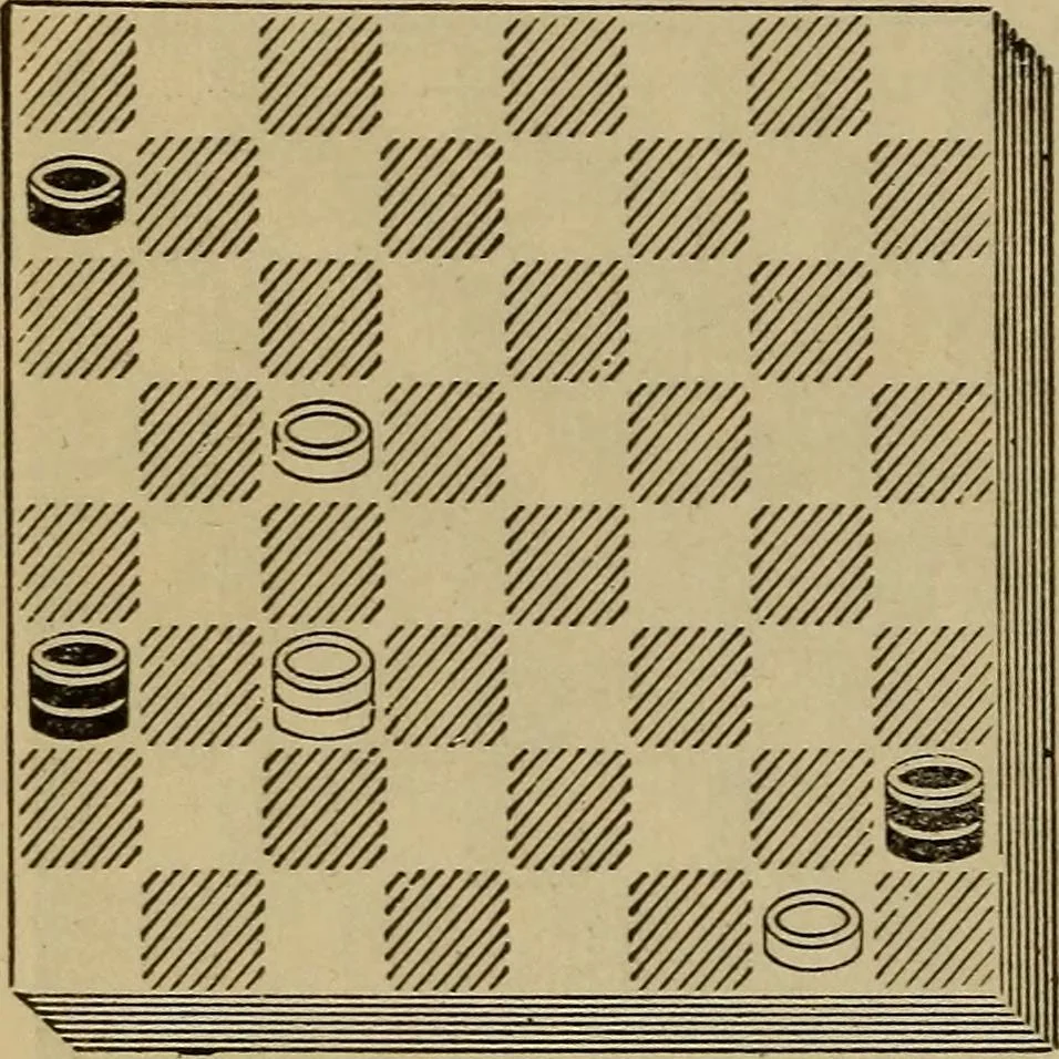 An illustration from Draughts : Gould's problems, critical positions and games by all the greatest players and composers of the world, the whole interspersed with notes on the positions / by Joseph Gould, 1895, leaf 123
