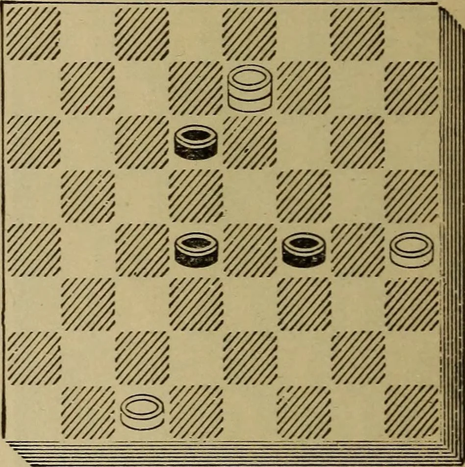 An illustration from Draughts : Gould's problems, critical positions and games by all the greatest players and composers of the world, the whole interspersed with notes on the positions / by Joseph Gould, 1895, leaf 123