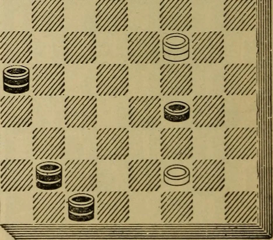 An illustration from Draughts : Gould's problems, critical positions and games by all the greatest players and composers of the world, the whole interspersed with notes on the positions / by Joseph Gould, 1895, leaf 123