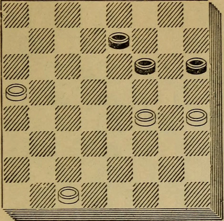 An illustration from Draughts : Gould's problems, critical positions and games by all the greatest players and composers of the world, the whole interspersed with notes on the positions / by Joseph Gould, 1895, leaf 124