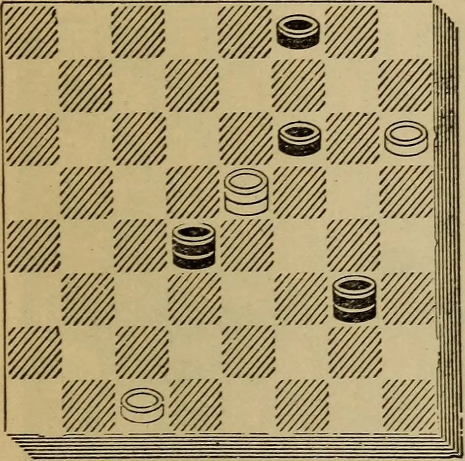 An illustration from Draughts : Gould's problems, critical positions and games by all the greatest players and composers of the world, the whole interspersed with notes on the positions / by Joseph Gould, 1895, leaf 124