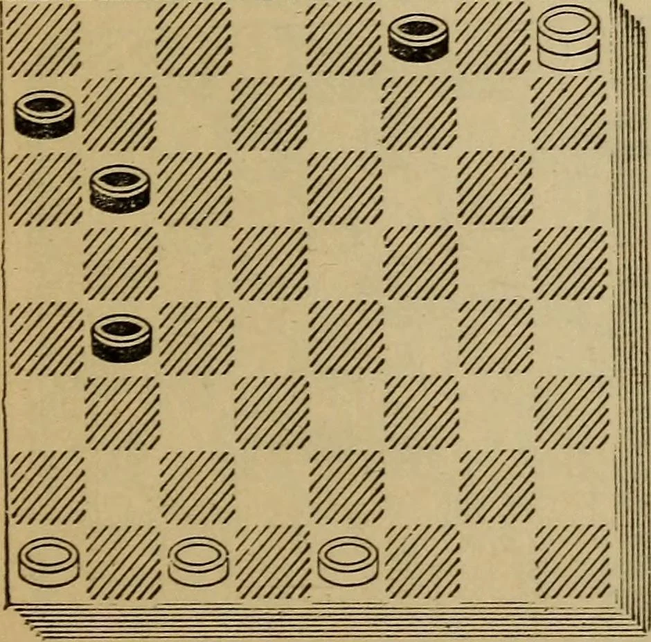 An illustration from Draughts : Gould's problems, critical positions and games by all the greatest players and composers of the world, the whole interspersed with notes on the positions / by Joseph Gould, 1895, leaf 124