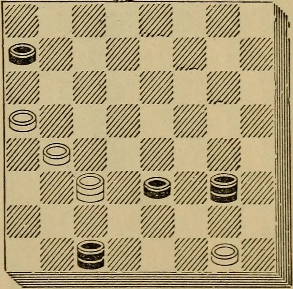 An illustration from Draughts : Gould's problems, critical positions and games by all the greatest players and composers of the world, the whole interspersed with notes on the positions / by Joseph Gould, 1895, leaf 124