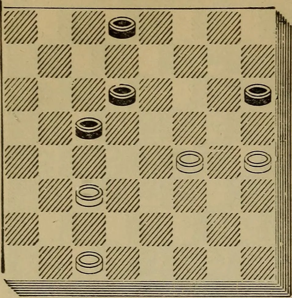 An illustration from Draughts : Gould's problems, critical positions and games by all the greatest players and composers of the world, the whole interspersed with notes on the positions / by Joseph Gould, 1895, leaf 125