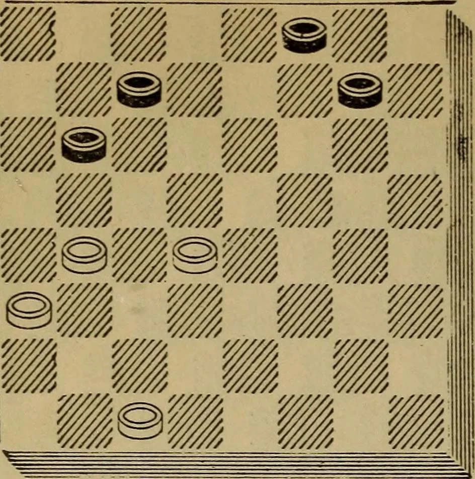 An illustration from Draughts : Gould's problems, critical positions and games by all the greatest players and composers of the world, the whole interspersed with notes on the positions / by Joseph Gould, 1895, leaf 127