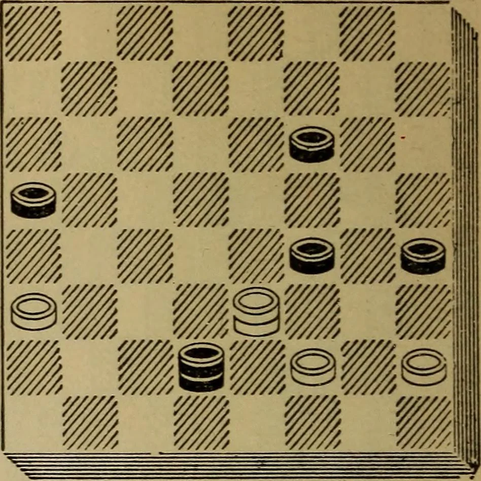 An illustration from Draughts : Gould's problems, critical positions and games by all the greatest players and composers of the world, the whole interspersed with notes on the positions / by Joseph Gould, 1895, leaf 127