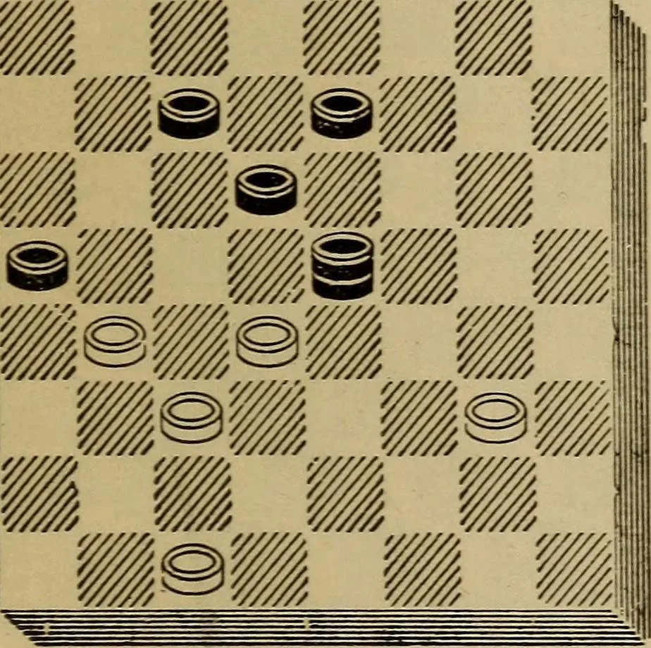 An illustration from Draughts : Gould's problems, critical positions and games by all the greatest players and composers of the world, the whole interspersed with notes on the positions / by Joseph Gould, 1895, leaf 128