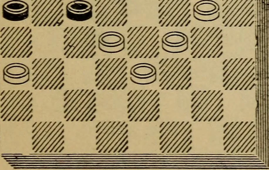 An illustration from Draughts : Gould's problems, critical positions and games by all the greatest players and composers of the world, the whole interspersed with notes on the positions / by Joseph Gould, 1895, leaf 128