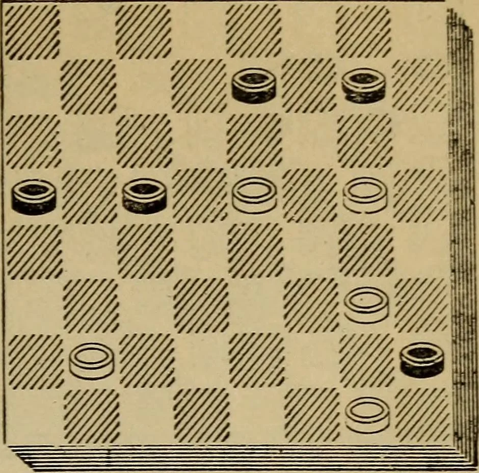 An illustration from Draughts : Gould's problems, critical positions and games by all the greatest players and composers of the world, the whole interspersed with notes on the positions / by Joseph Gould, 1895, leaf 128