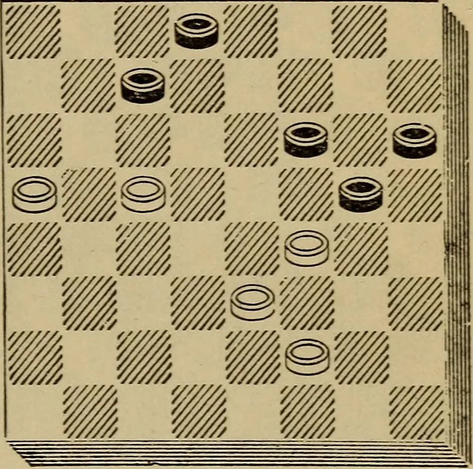 An illustration from Draughts : Gould's problems, critical positions and games by all the greatest players and composers of the world, the whole interspersed with notes on the positions / by Joseph Gould, 1895, leaf 128
