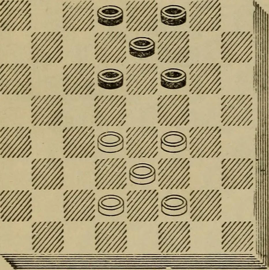 An illustration from Draughts : Gould's problems, critical positions and games by all the greatest players and composers of the world, the whole interspersed with notes on the positions / by Joseph Gould, 1895, leaf 129