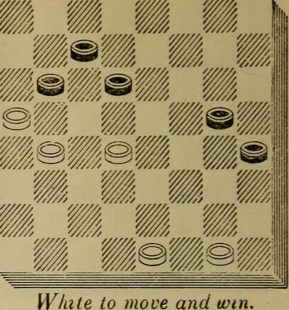 An illustration from Draughts : Gould's problems, critical positions and games by all the greatest players and composers of the world, the whole interspersed with notes on the positions / by Joseph Gould, 1895, leaf 129