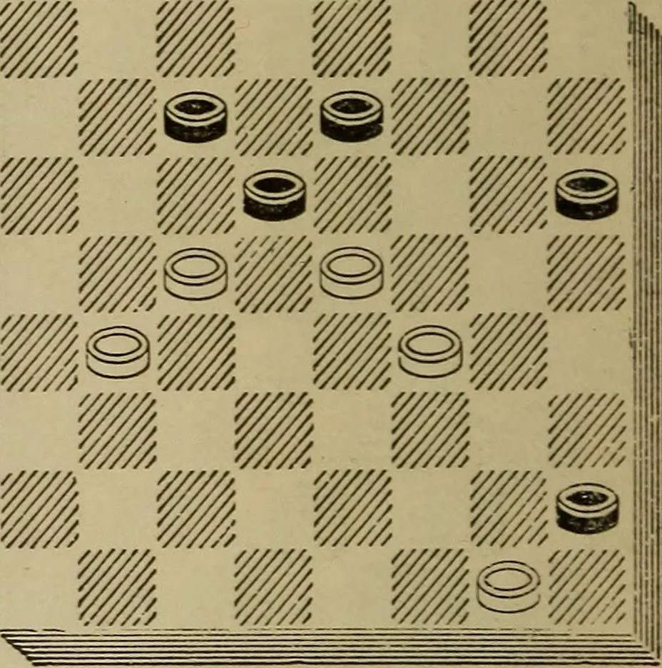 An illustration from Draughts : Gould's problems, critical positions and games by all the greatest players and composers of the world, the whole interspersed with notes on the positions / by Joseph Gould, 1895, leaf 129