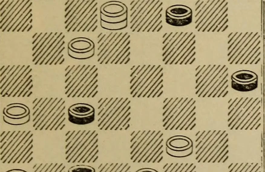 An illustration from Draughts : Gould's problems, critical positions and games by all the greatest players and composers of the world, the whole interspersed with notes on the positions / by Joseph Gould, 1895, leaf 130
