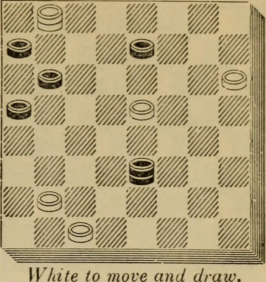 An illustration from Draughts : Gould's problems, critical positions and games by all the greatest players and composers of the world, the whole interspersed with notes on the positions / by Joseph Gould, 1895, leaf 130